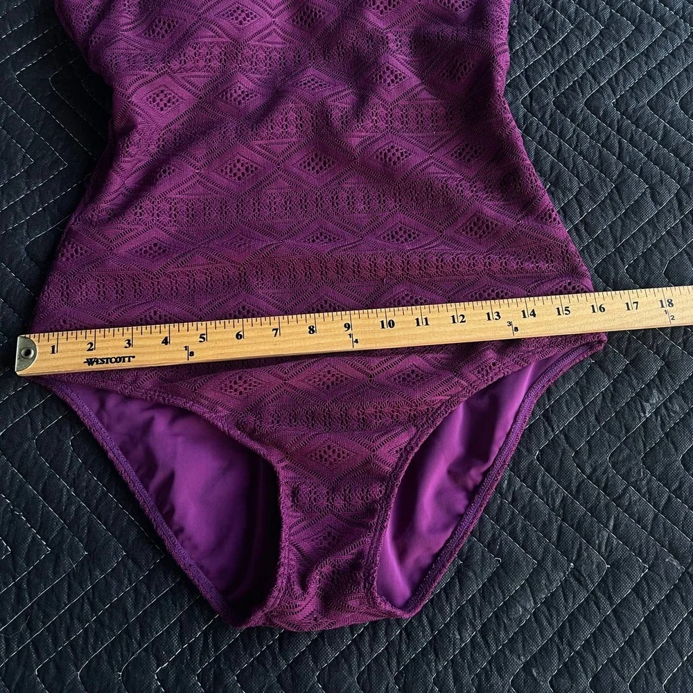 SO Swimsuit Womens Large‎ Purple One Piece Halter Crochet Overlay